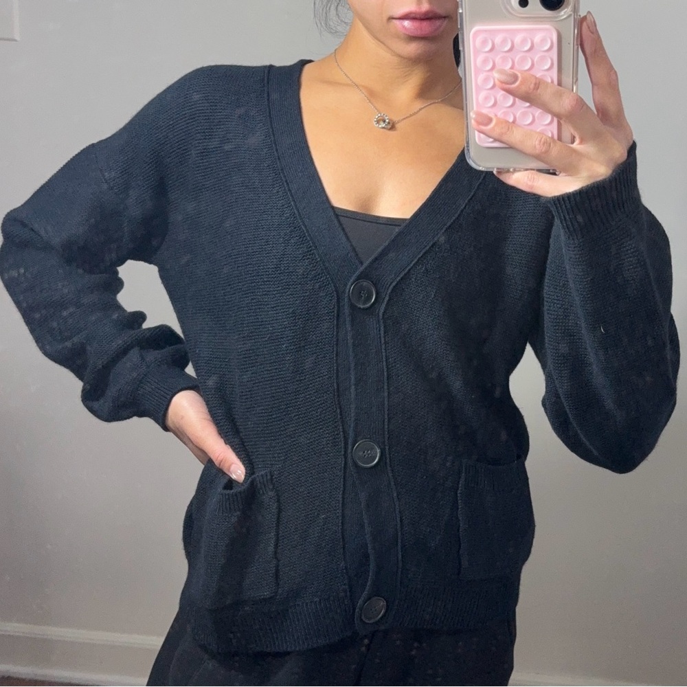 Naadam Button Cardigan Womens XS Black Chunky Knit Modal Cashmere Minimalist